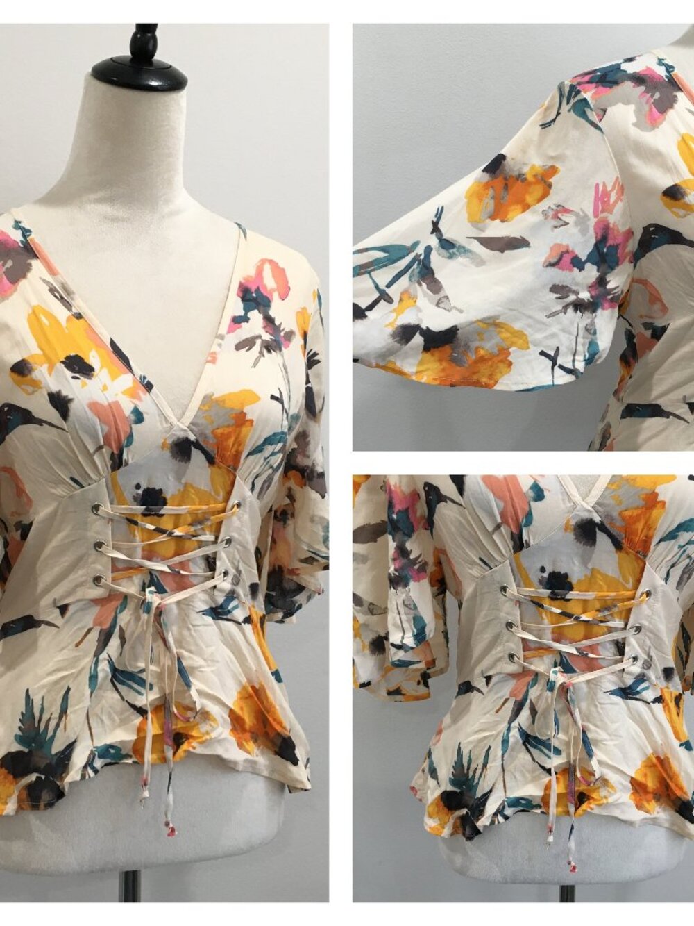 BCBGENERATION Multi-Color Floral Print Lace Up Short Flutter Sleeve Shirt
